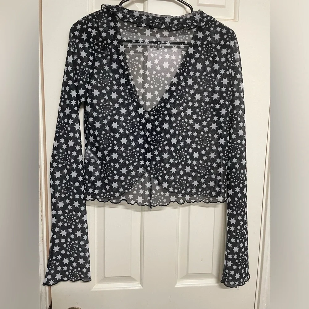 Free People Marne Sheer Black & White Star Tie Front Long Sleeve Crop Blouse - Picture 6 of 12